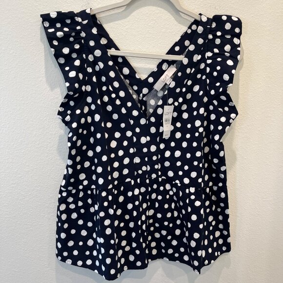 NWT Loft Navy Polka Dot Blouse Peplum Flutter Sleeves Women’s Top Size Medium - Picture 3 of 13